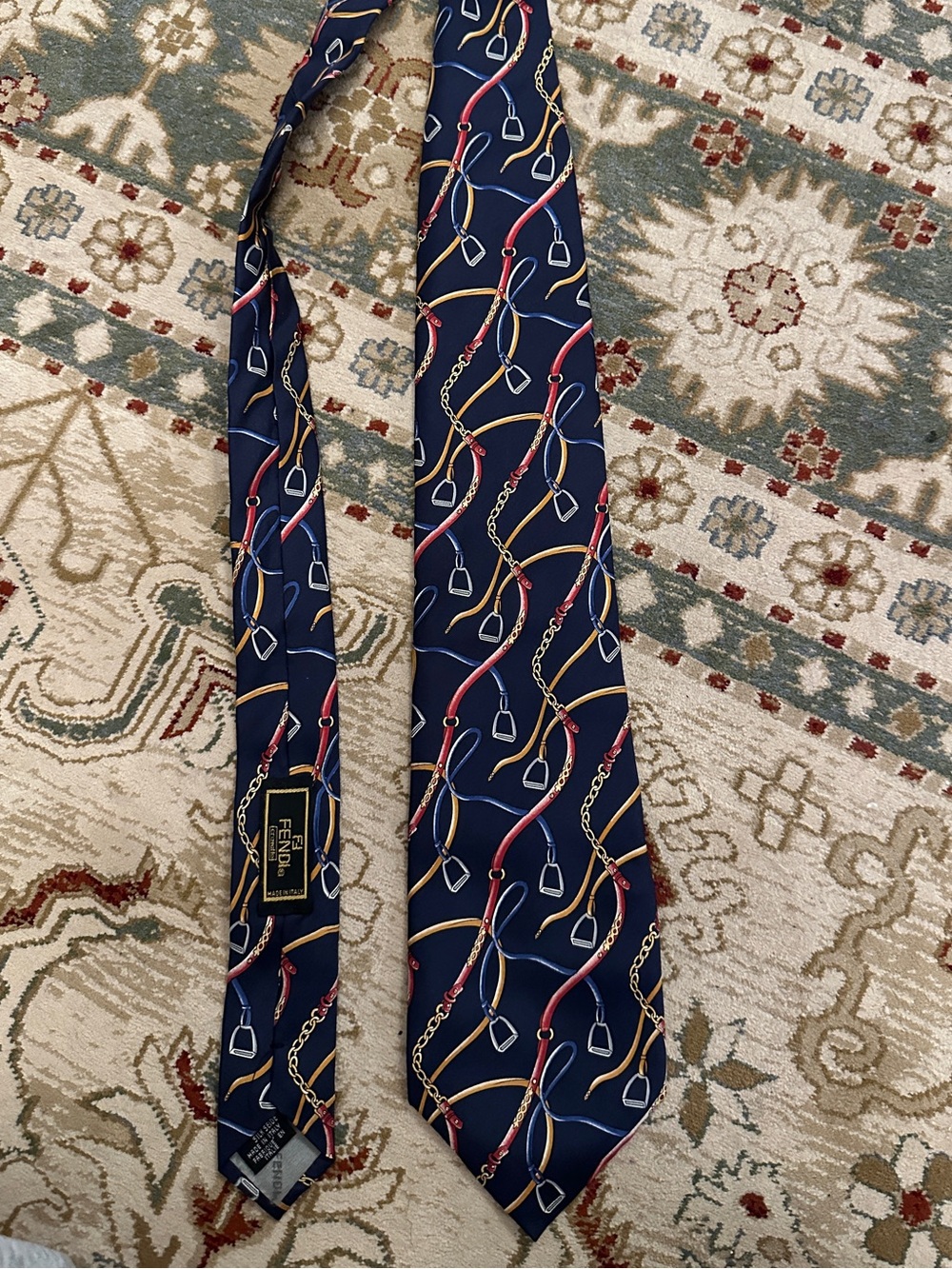 Fendi Navy Silk Tie with Gold Chain & Red Stirrup Motif
